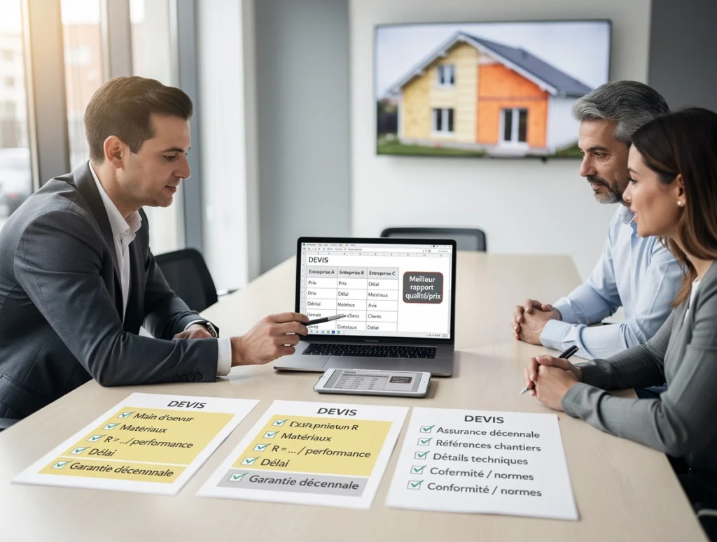 Un homme est en pleine discussion avec un couple au sujet de différents devis de rénovation