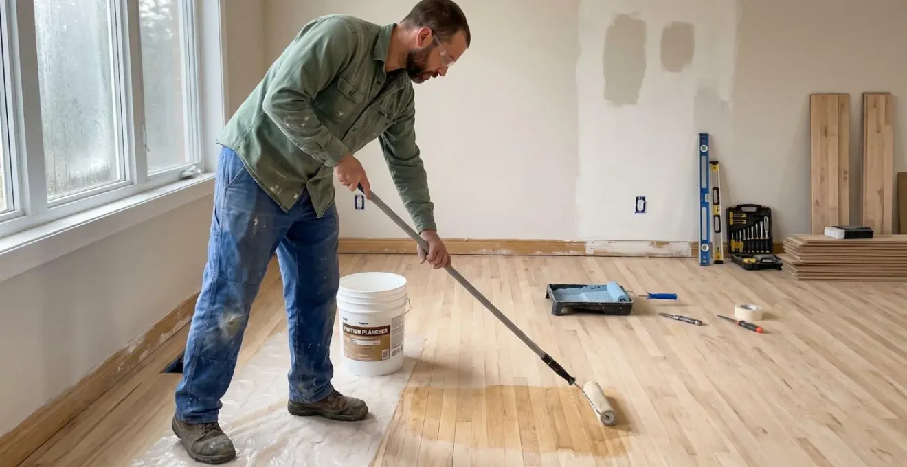 Artisan vu de profil concentré appliquant une finition polyuréthane sur plancher de bois avec rouleau large dans atelier lumineux