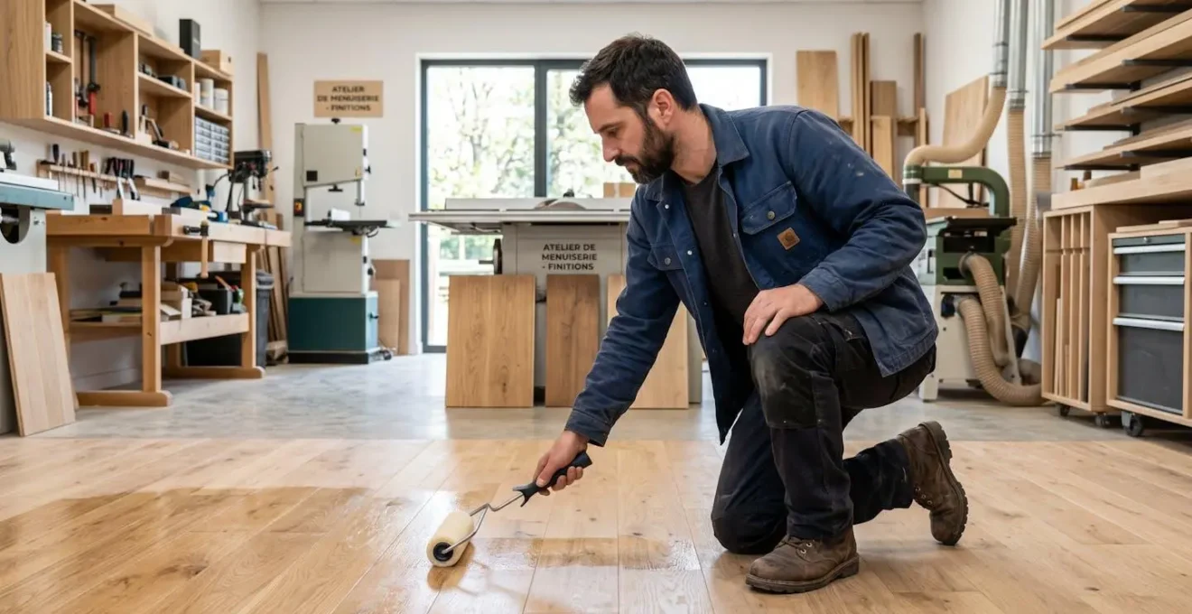 Artisan vu de profil concentré appliquant une finition polyuréthane sur plancher de bois avec rouleau large dans atelier lumineux