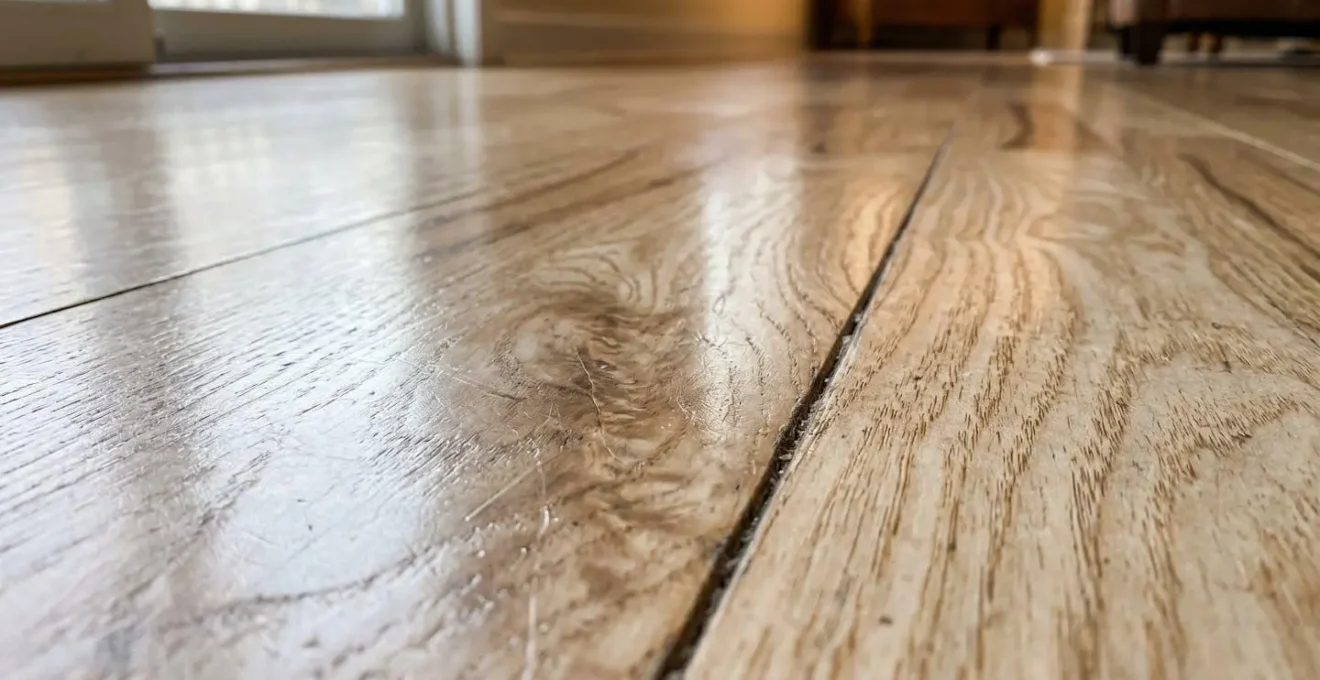 Gros plan extrême sur la texture du grain d'un bois franc d'érable avec reflets de lumière naturelle sur finition polyuréthane brillante