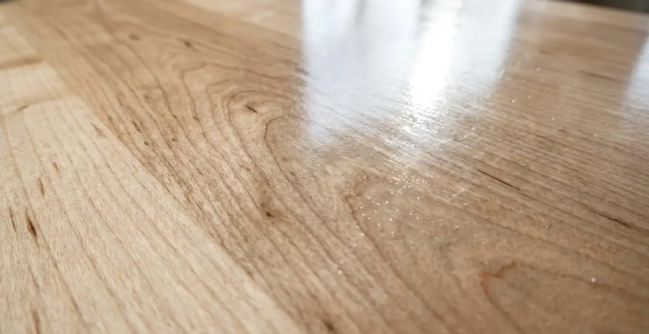 Gros plan extrême sur la texture du grain d'un bois franc d'érable avec reflets de lumière naturelle sur finition polyuréthane brillante