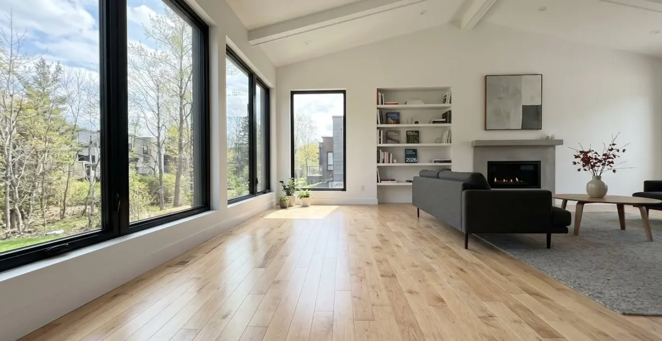 Salon résidentiel moderne avec plancher de bois franc érable clair baigné de lumière naturelle par grande fenêtre