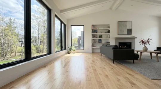 Salon résidentiel moderne avec plancher de bois franc érable clair baigné de lumière naturelle par grande fenêtre