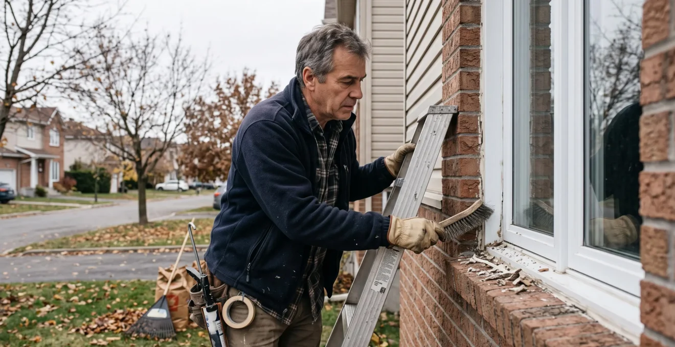 Propriétaire nettoyant le calfeutrage extérieur d'une fenêtre depuis l'extérieur d'une maison québécoise en automne